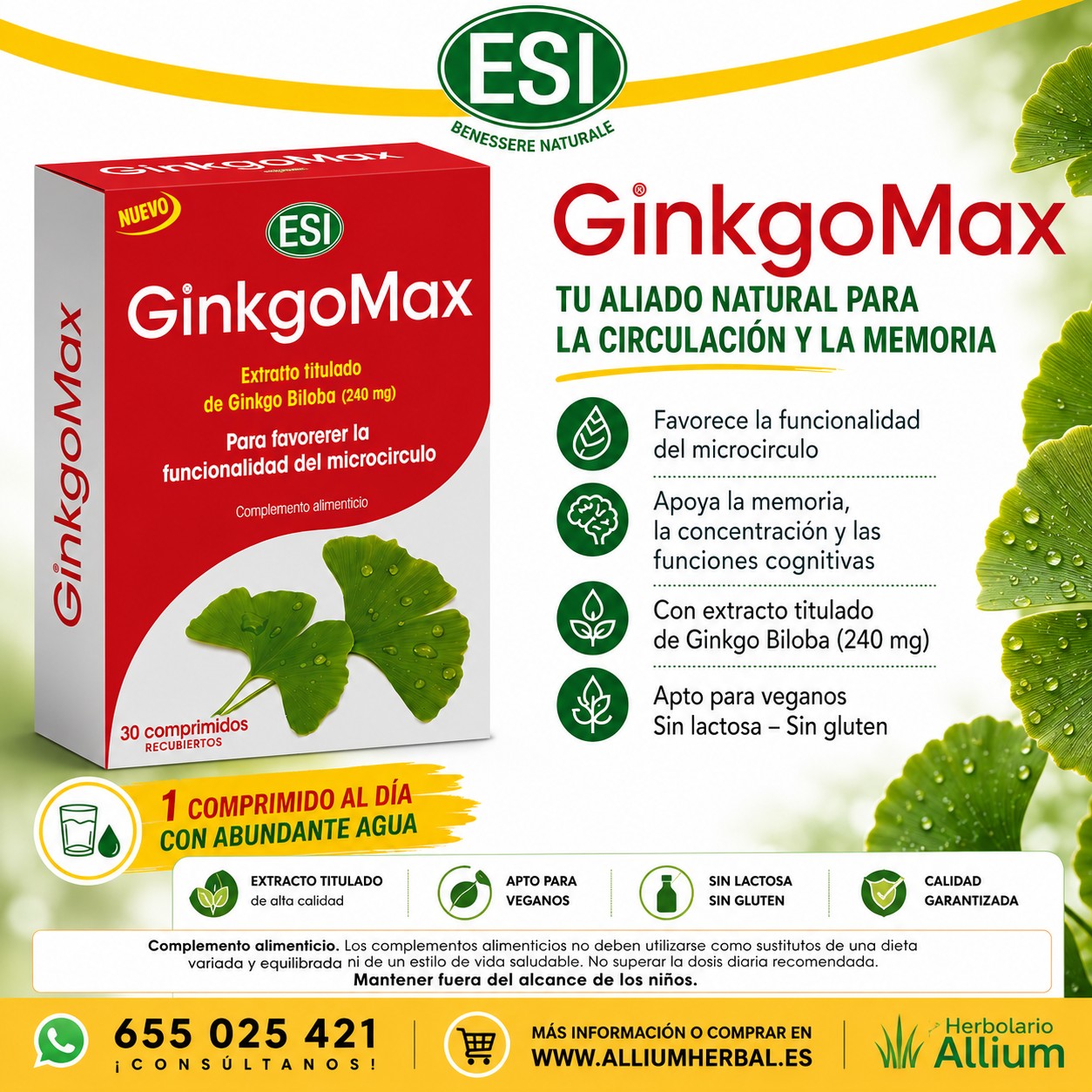 Ginkgomax 30 tabletas de ESI Memoria, concentración y bienestar circulatorio Ginkgomax 30 tabletas de ESI Memoria, concentración y bienestar circulatorio