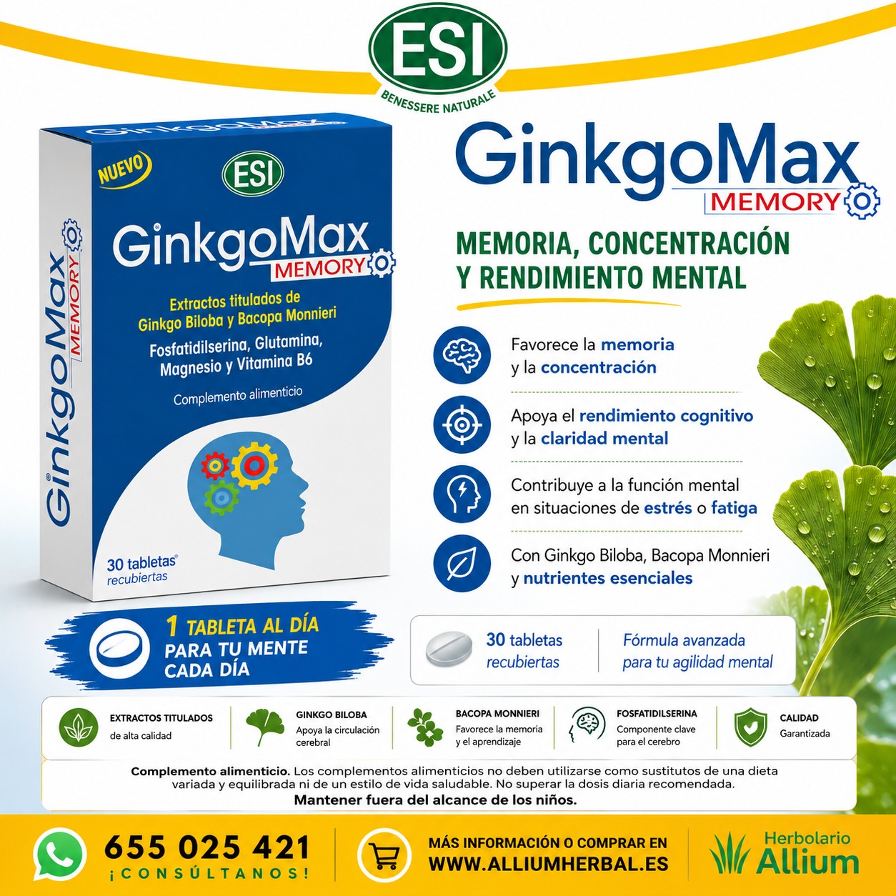 Ginkgomax Memory 30 tabletas de ESI Memoria, concentración y función cognitiva Ginkgomax Memory 30 tabletas de ESI Memoria, concentración y función cognitiva