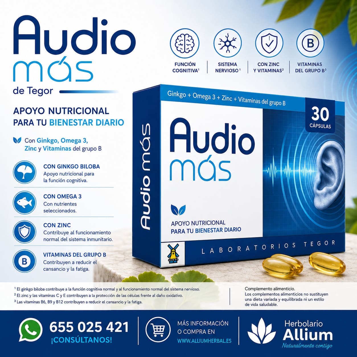 Audiomás 40 cápsulas de Tegor Bienestar auditivo y función cognitiva