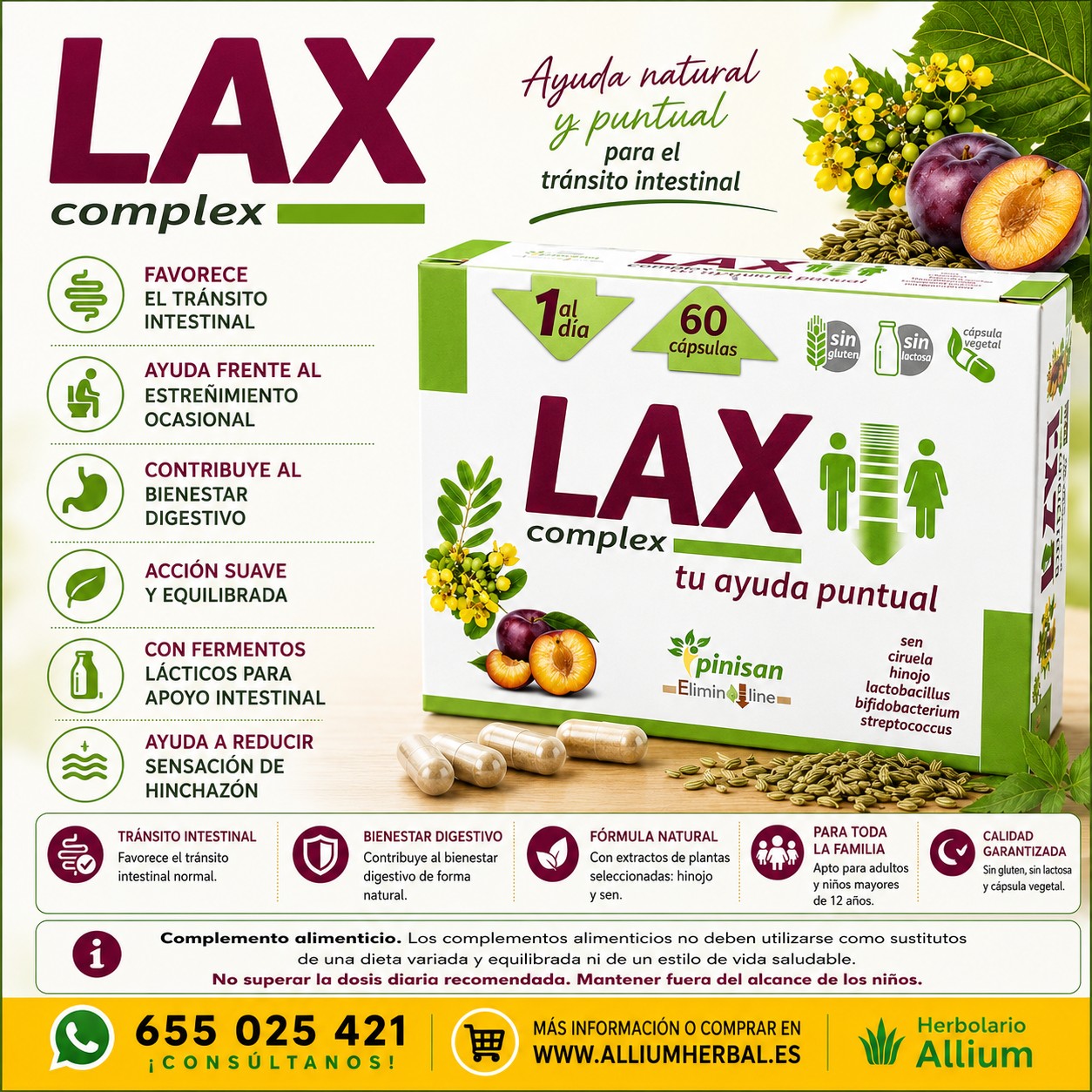 Lax Complex 60 cápsulas de Pinisan Tránsito intestinal y bienestar digestivo Lax Complex 60 cápsulas de Pinisan Tránsito intestinal y bienestar digestivo
