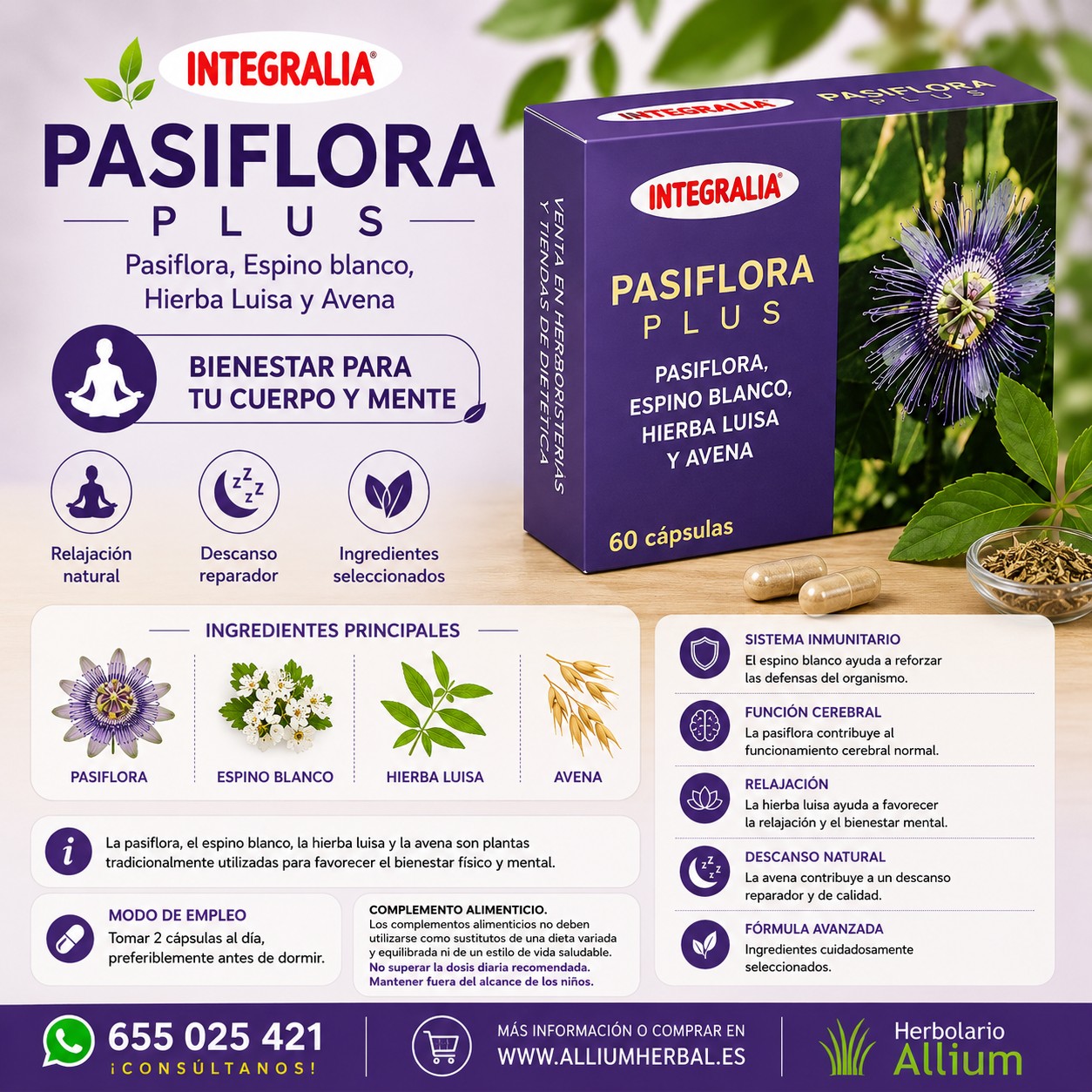 Pasiflora Plus 60 cápsulas de Integralia Relajación y descanso reparador
