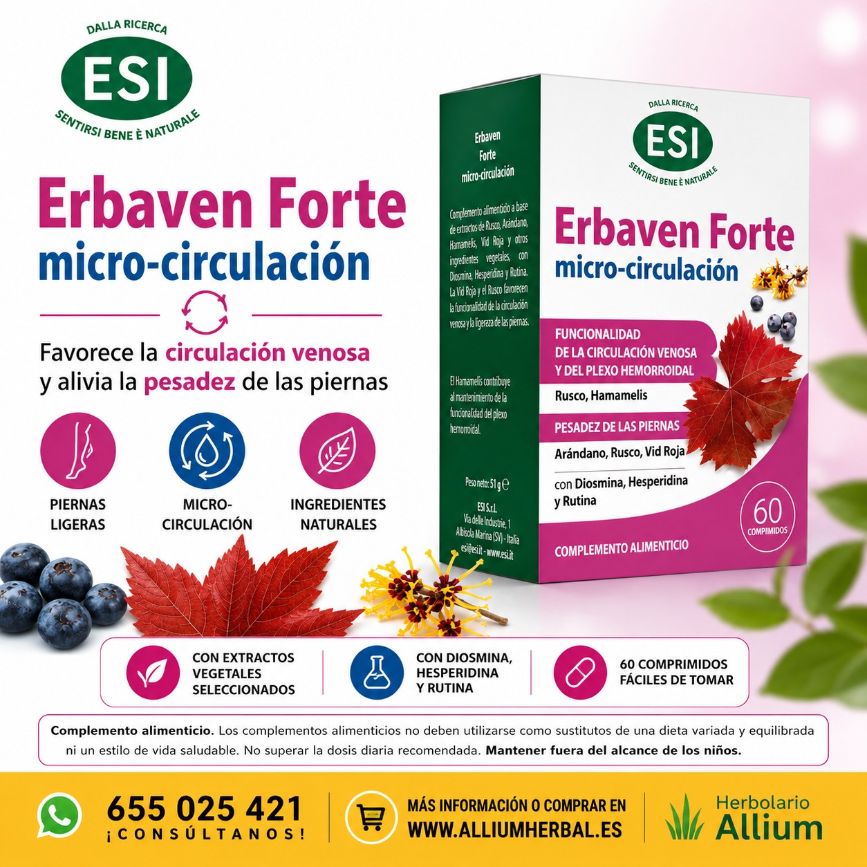 Erbaven Forte Micro-circulación 60 comprimidos de ESI Bienestar circulatorio y piernas ligeras Erbaven Forte Micro-circulación 60 comprimidos de ESI Bienestar circulatorio y piernas ligeras