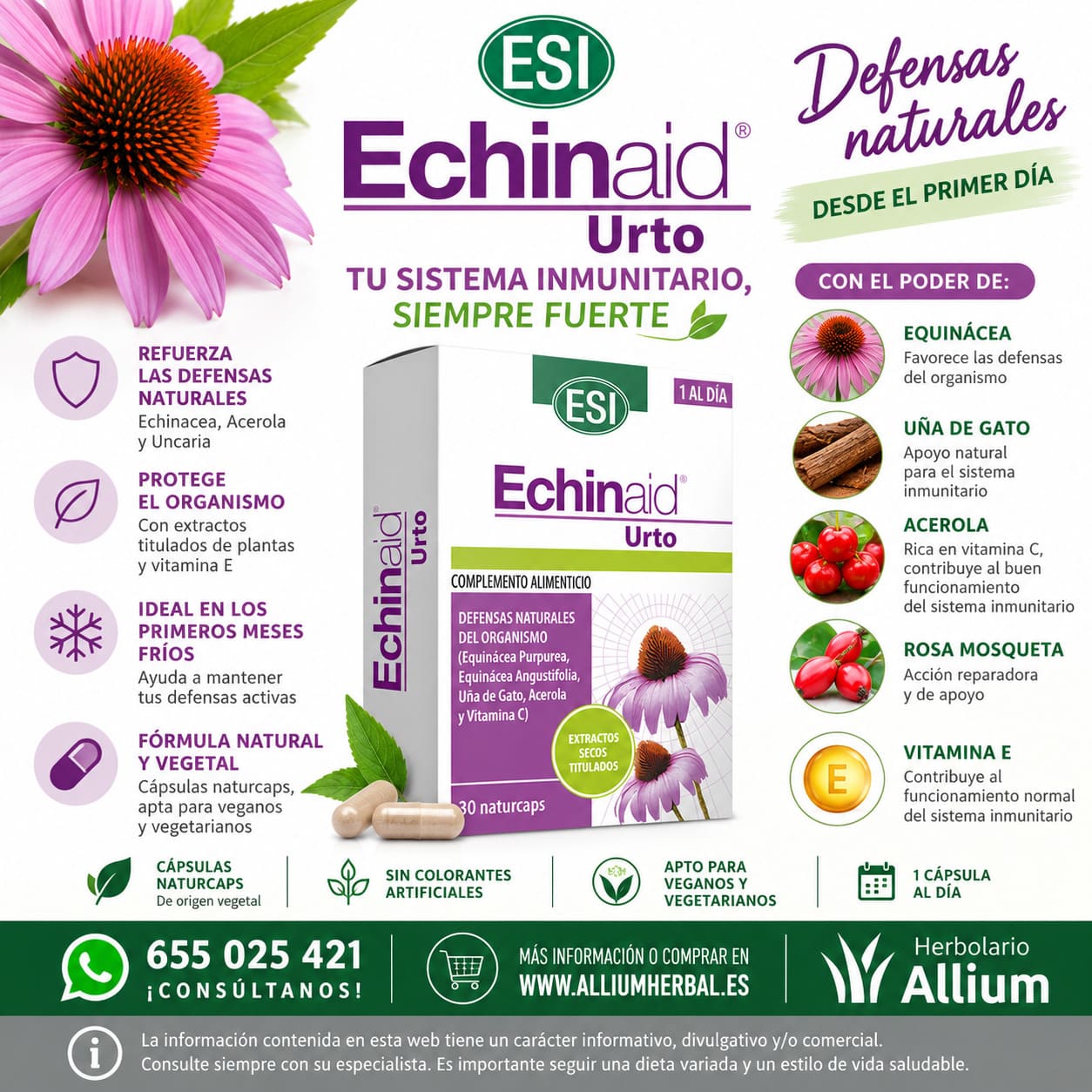 Echinaid Urto 30 cápsulas 520 mg de ESI Apoyo diario para tus defensas