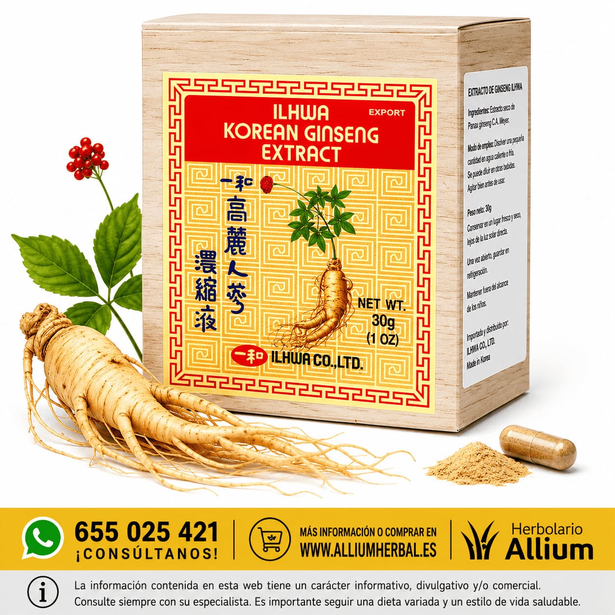 Extracto de Ginseng Coreano IL HWA Frasco de 30 gr de Tongil Energía para cada jornada