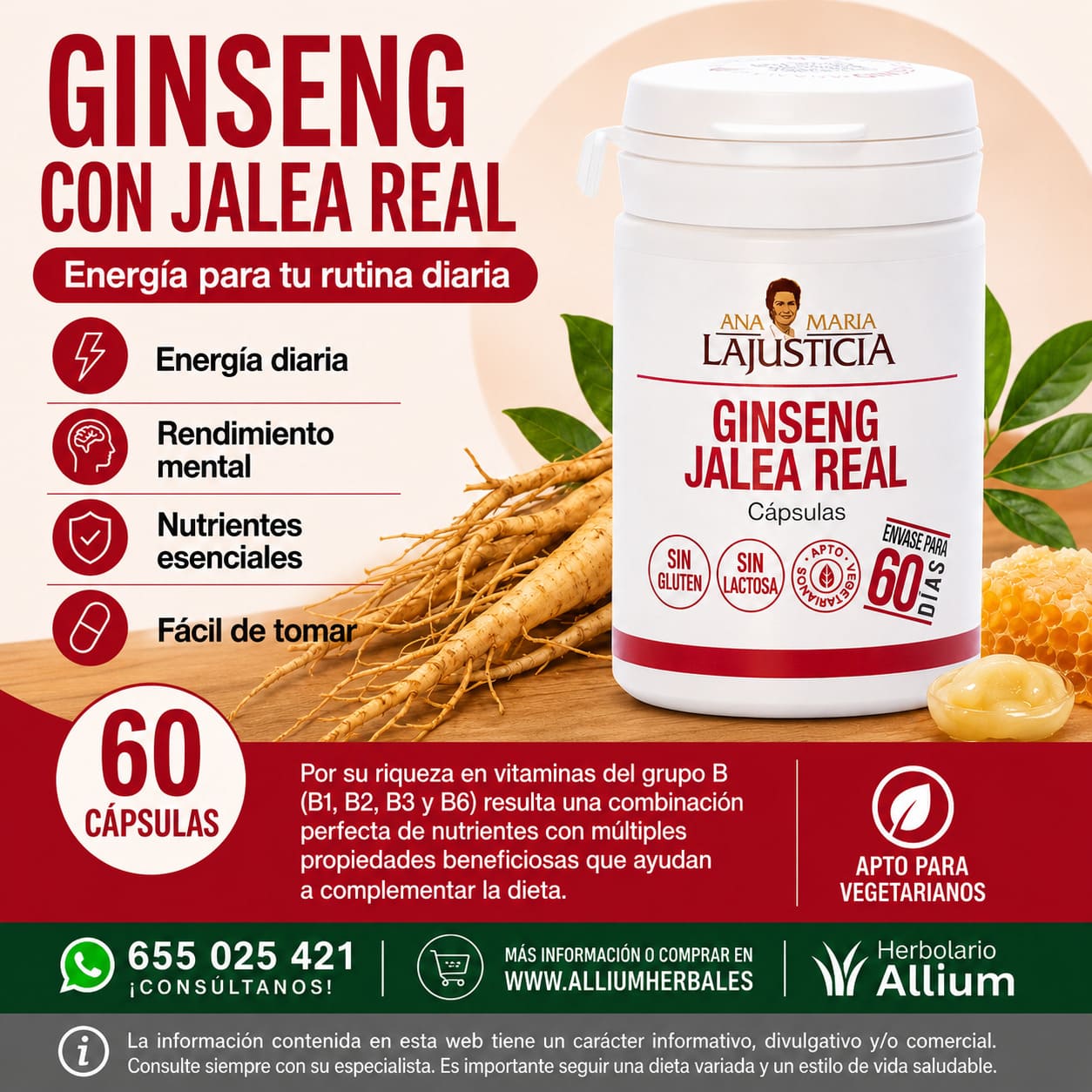 Ginseng con Jalea Real 60 comprimidos de Ana María Lajusticia Vitalidad en doble fórmula
