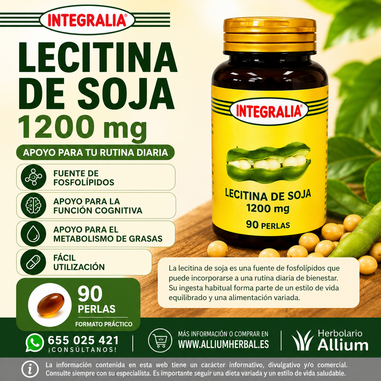 Lecitina de Soja 1200 mg 90 Perlas de Integralia Apoyo nutricional diario