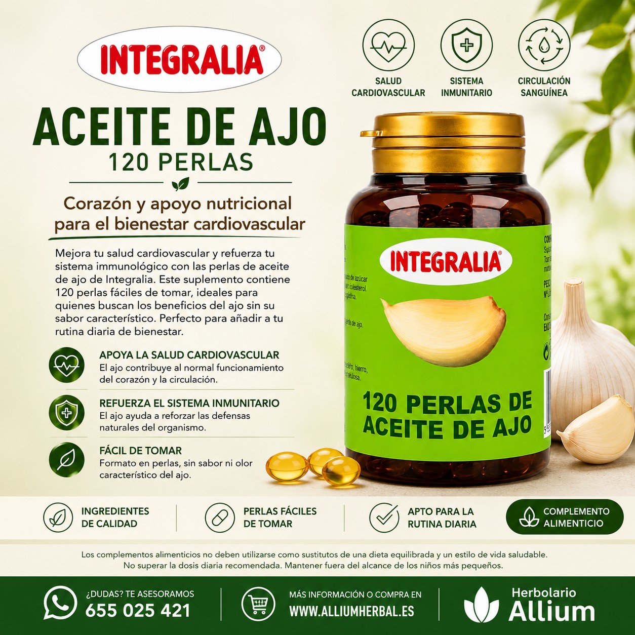 Aceite de Ajo 120 perlas de Integralia Bienestar cardiovascular y defensas naturales Aceite de Ajo 120 perlas de Integralia Bienestar cardiovascular y defensas naturales