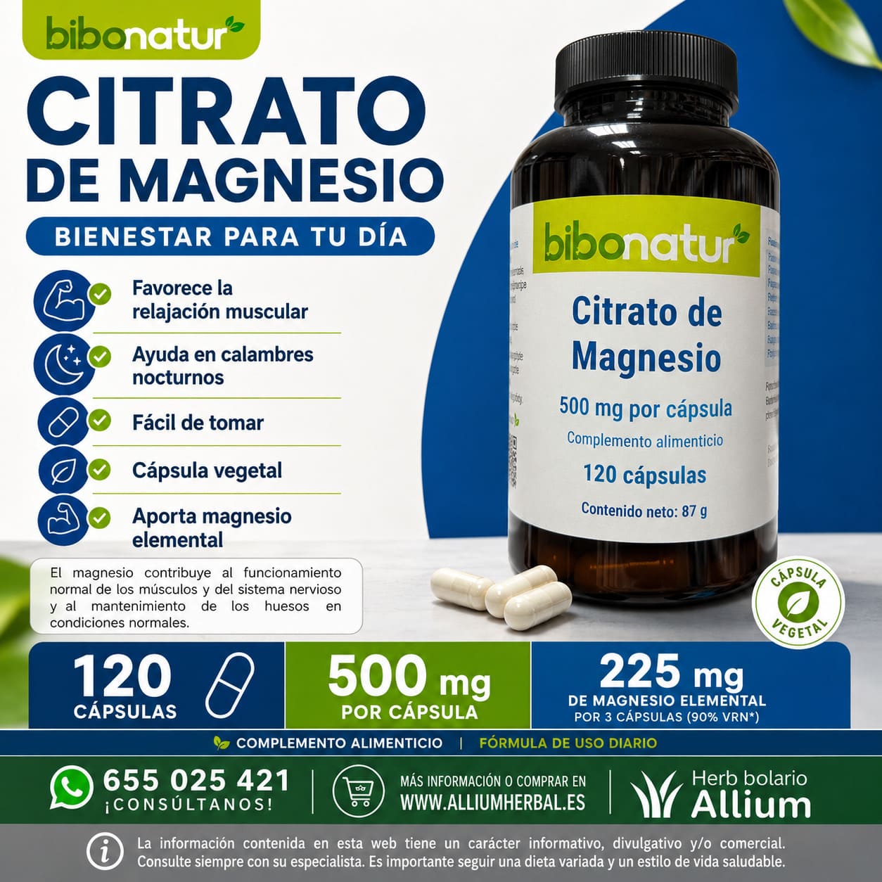 Descubre el Citrato de Magnesio 500 mg de Bibonatur en cápsulas vegetales. Aporta 225 mg de magnesio elemental con la dosis diaria.