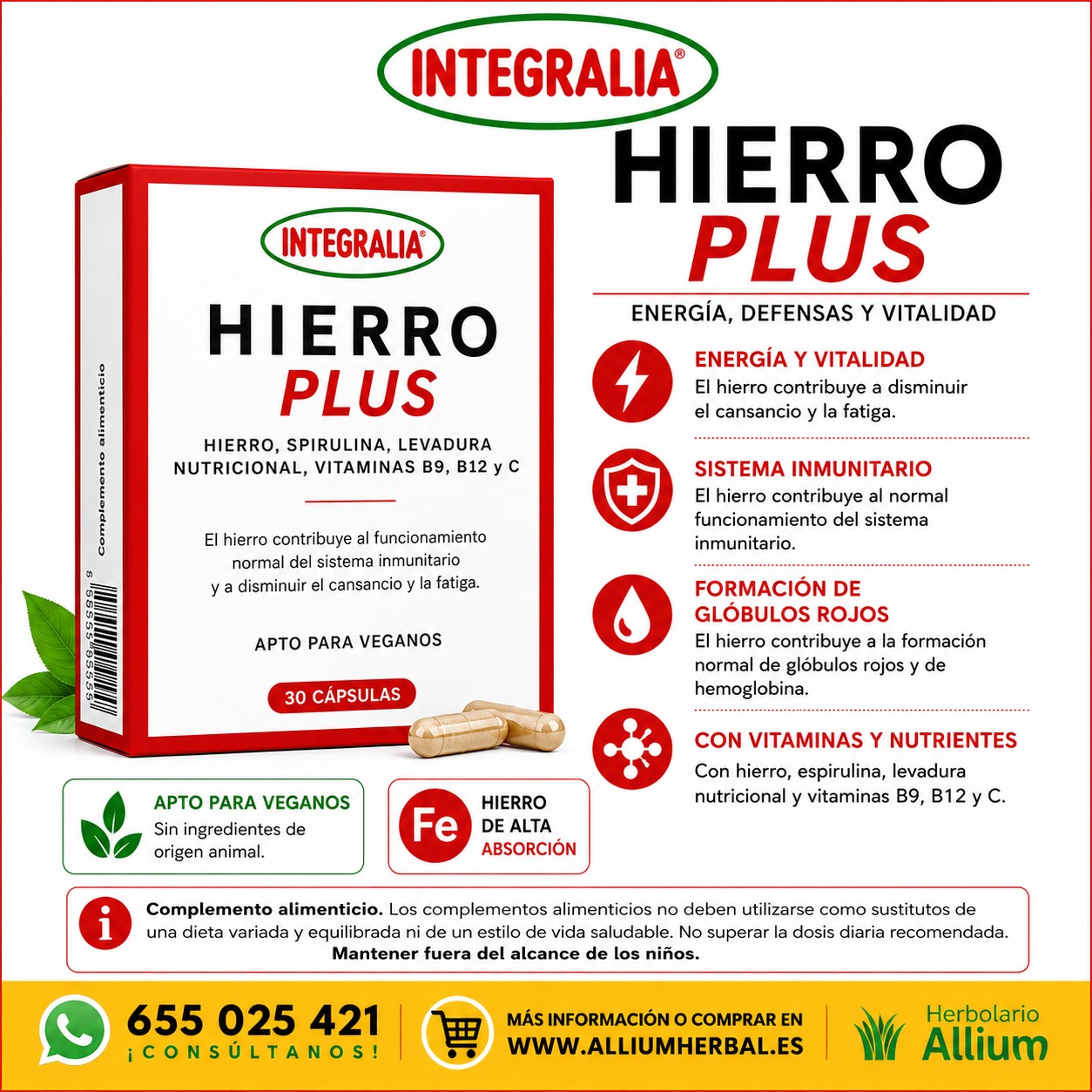 Hierro Plus 30 cápsulas de Integralia Energía y aporte de hierro de alta biodisponibilidad Hierro Plus 30 cápsulas de Integralia Energía y aporte de hierro de alta biodisponibilidad