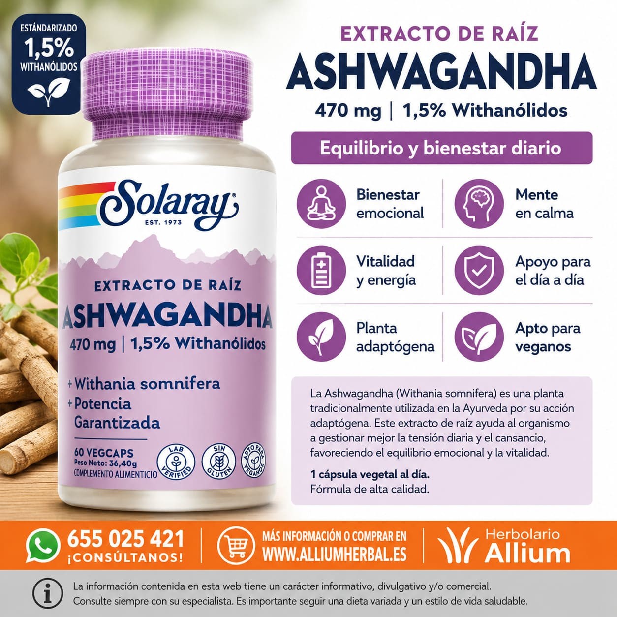 Ashwagandha 60 Cápsulas Vegetales de Solaray Equilibrio y vitalidad diaria Ashwagandha 60 Cápsulas Vegetales de Solaray Equilibrio y vitalidad diaria