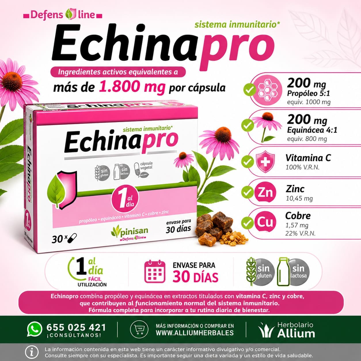 ECHINAPRO 30 cápsulas vegetales de Pinisan con echinacea, propóleo y vitamina C Refuerzo del Sistema Inmunitario