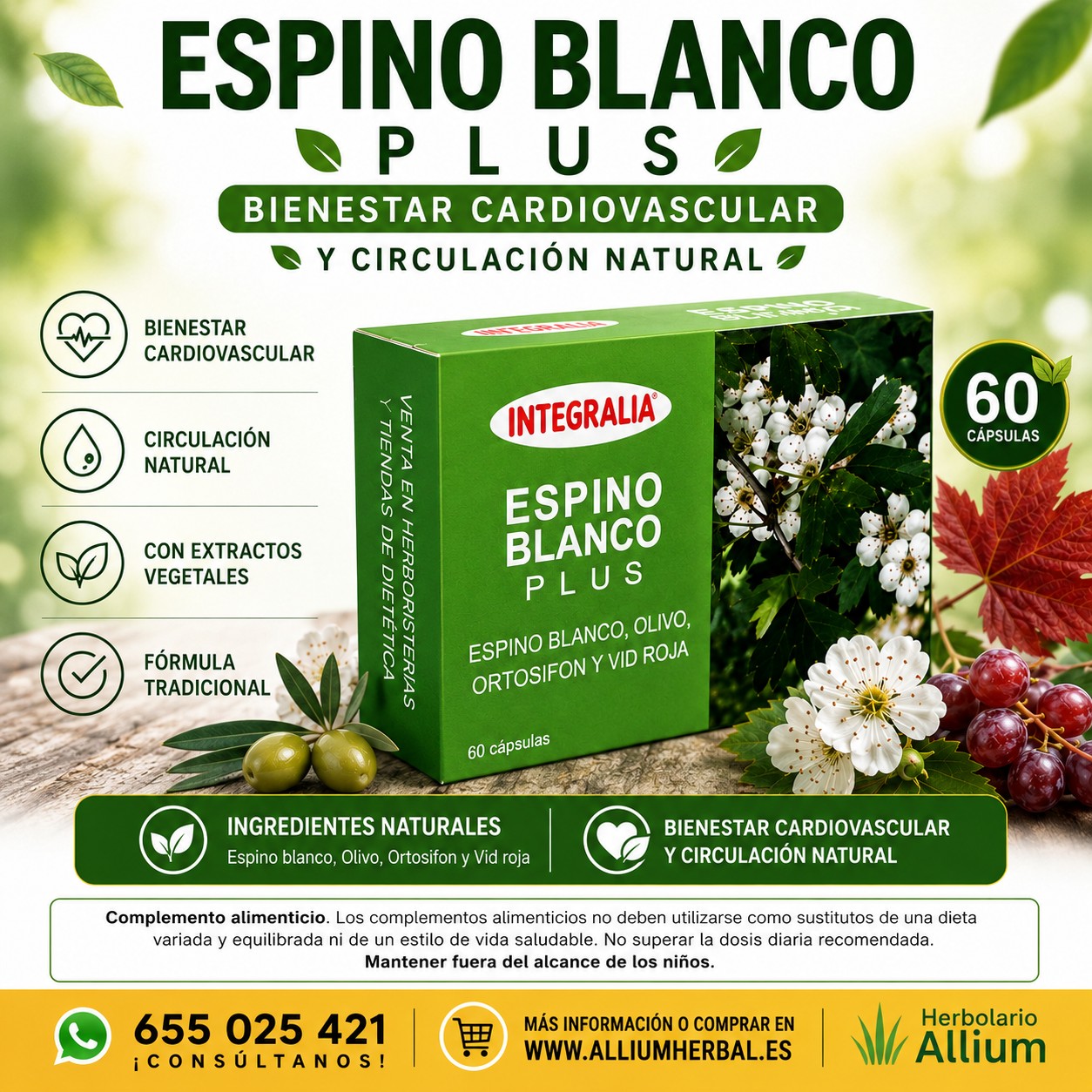 Espino Blanco Plus 60 comprimidos de Integralia Bienestar cardiovascular y circulatorio Espino Blanco Plus 60 comprimidos de Integralia Bienestar cardiovascular y circulatorio