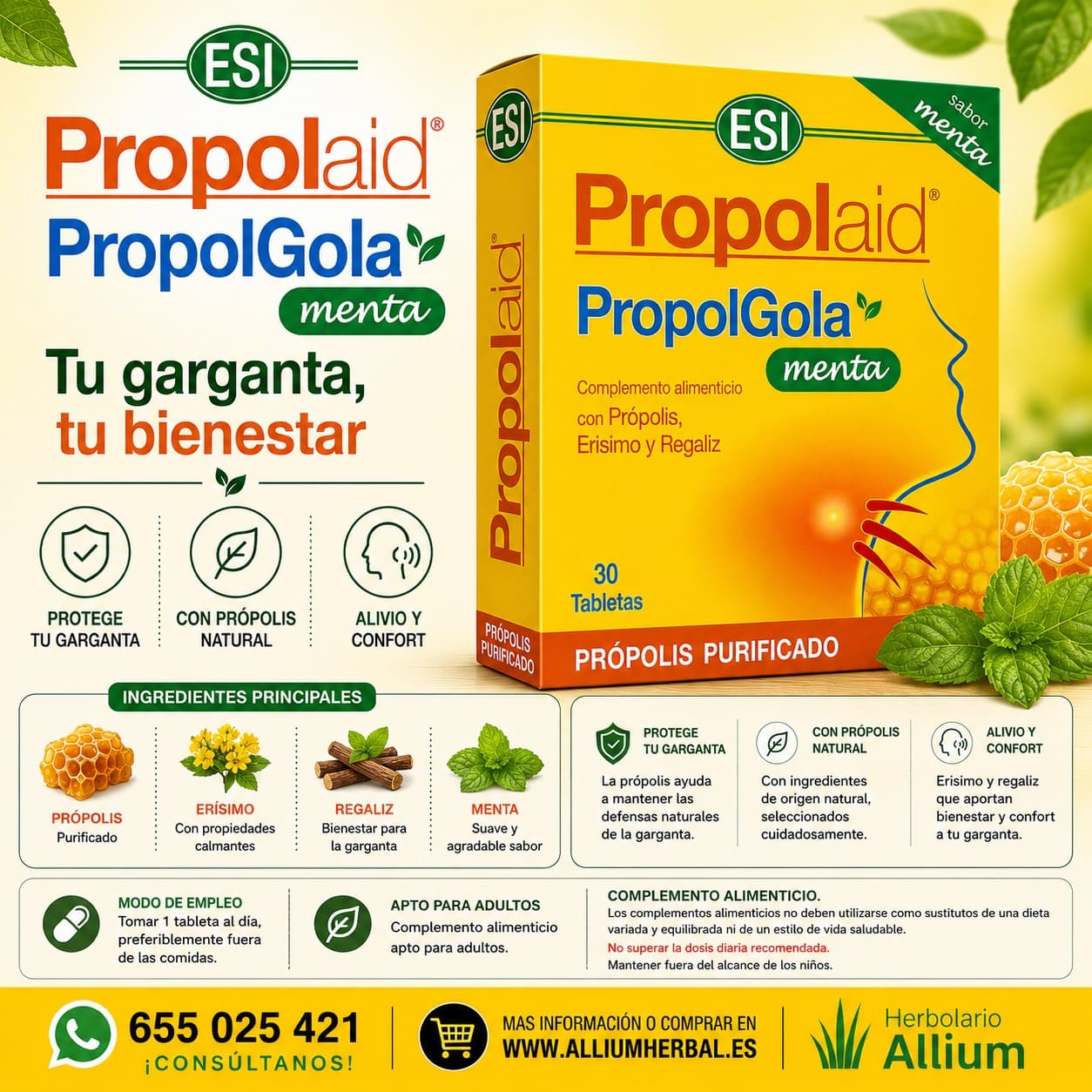 Propolgola Menta 1000 mg 30 tabletas masticables de ESI Bienestar de la garganta y apoyo inmunitario