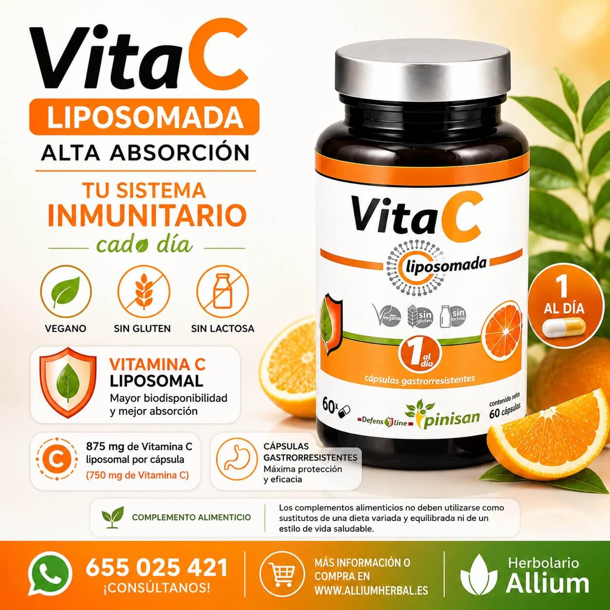 Vita C Liposomada 60 cápsulas de Pinisan Vitamina C avanzada con alta absorción