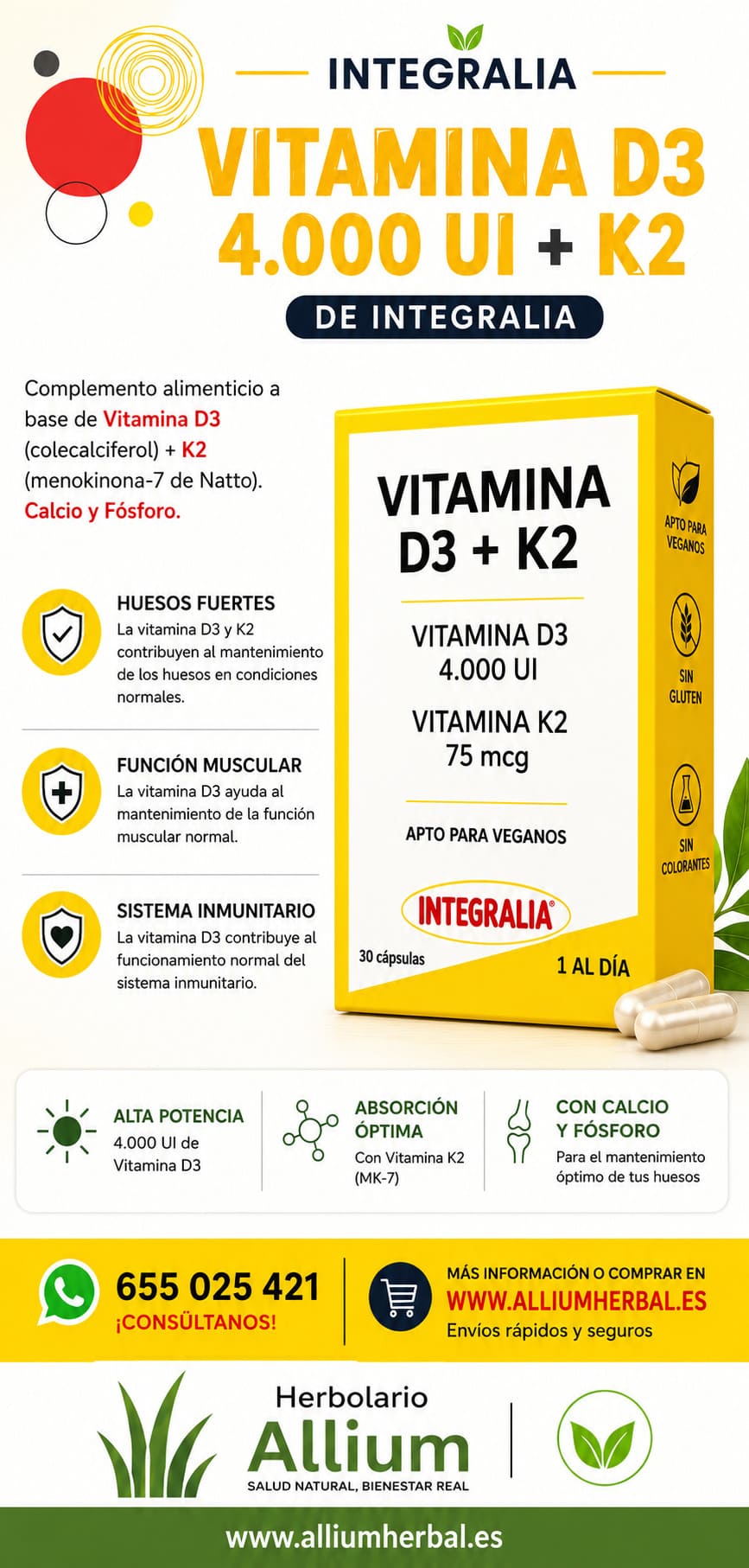 Bienestar óseo, muscular e inmunitario Vitamina D3 + K2 de Integralia