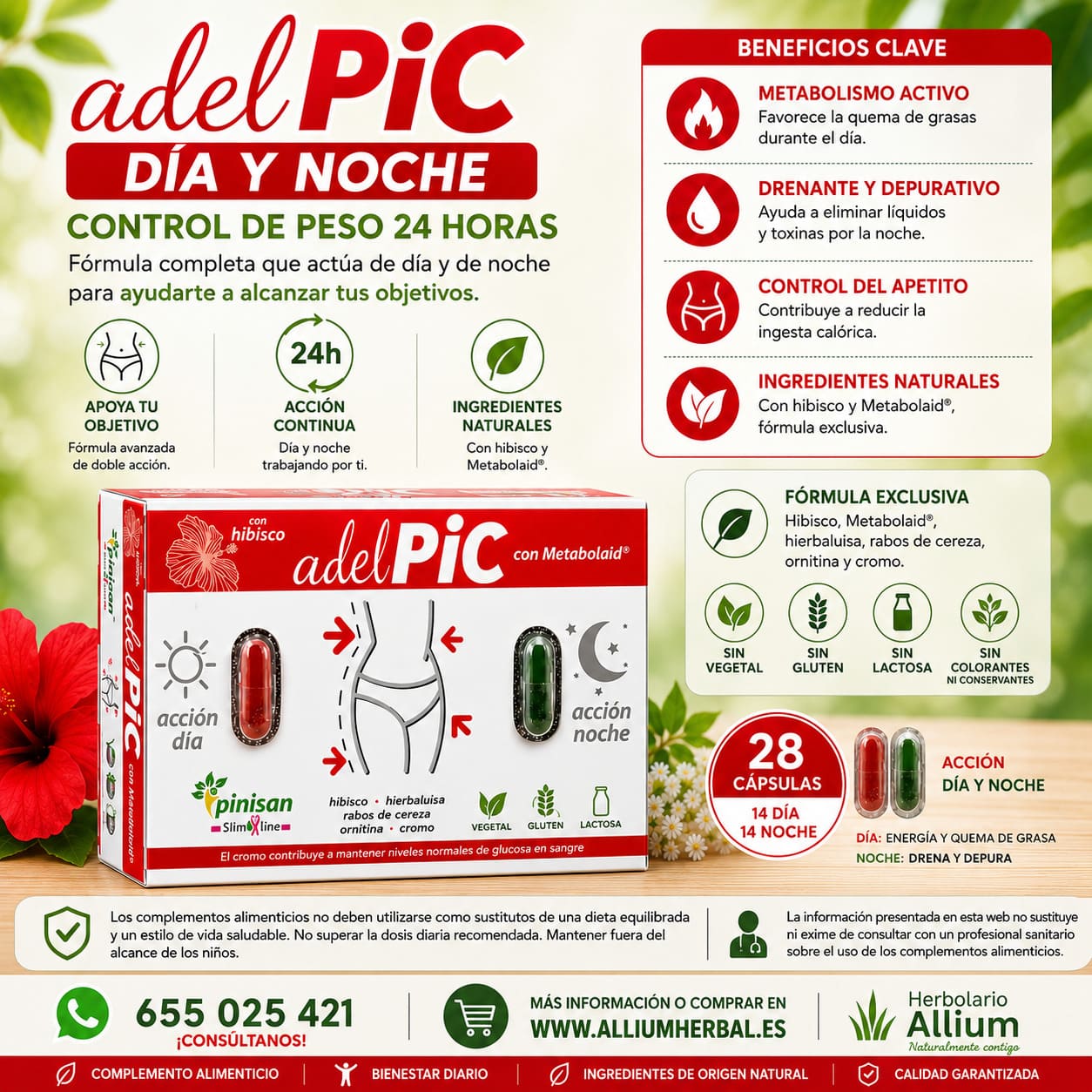 Adelpic dia y noche 28 cápsulas de Pinisan Apoyo nutricional para el control de peso diario