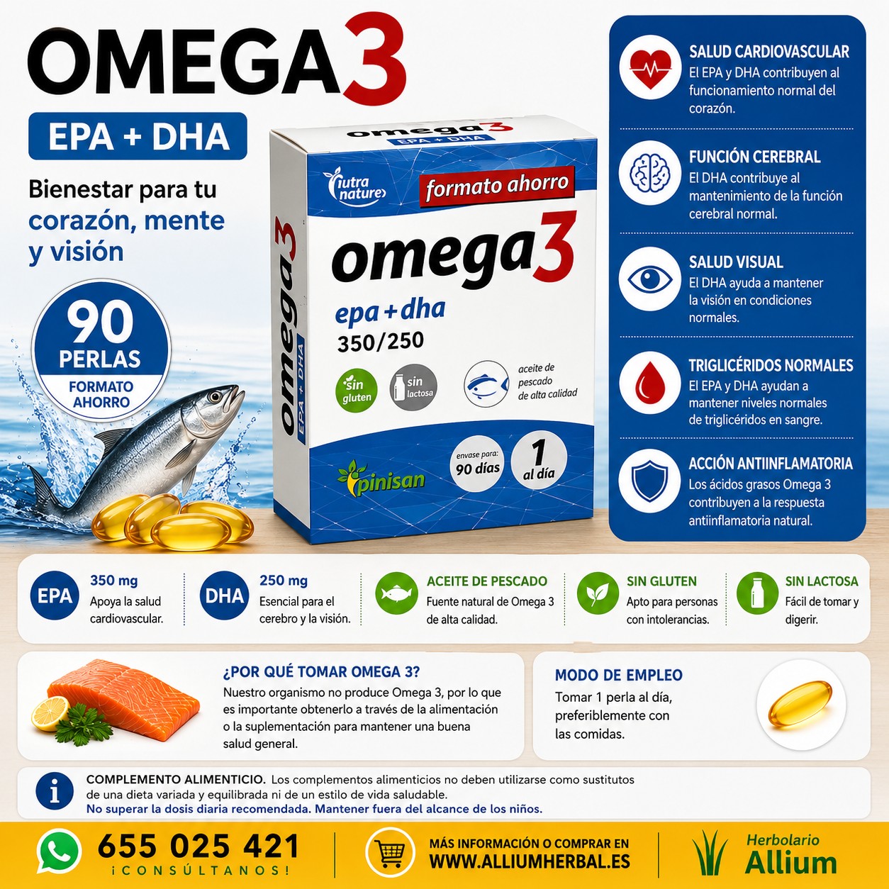 Omega 3 90 cápsulas de Pinisan Bienestar cardiovascular, cerebral y visual