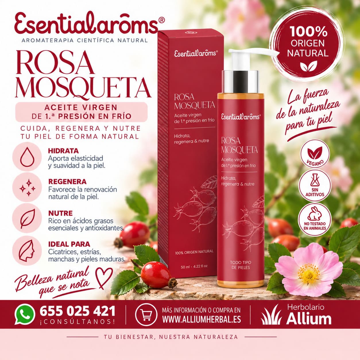 Aceite Vegetal Virgen de Rosa mosqueta 50 ml de Esential Aroms Rosa Moschata Nutrición intensiva para la piel Aceite Vegetal Virgen de Rosa mosqueta 50 ml de Esential Aroms Rosa Moschata Nutrición intensiva para la piel