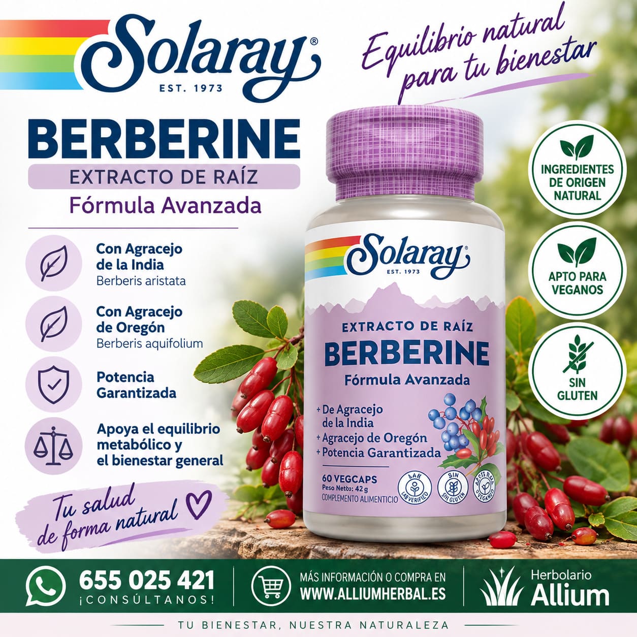 Berberine 250 mg 60 VegCaps de Solarary Berberina en cápsula vegetal Berberine 250 mg 60 VegCaps de Solarary Berberina en cápsula vegetal