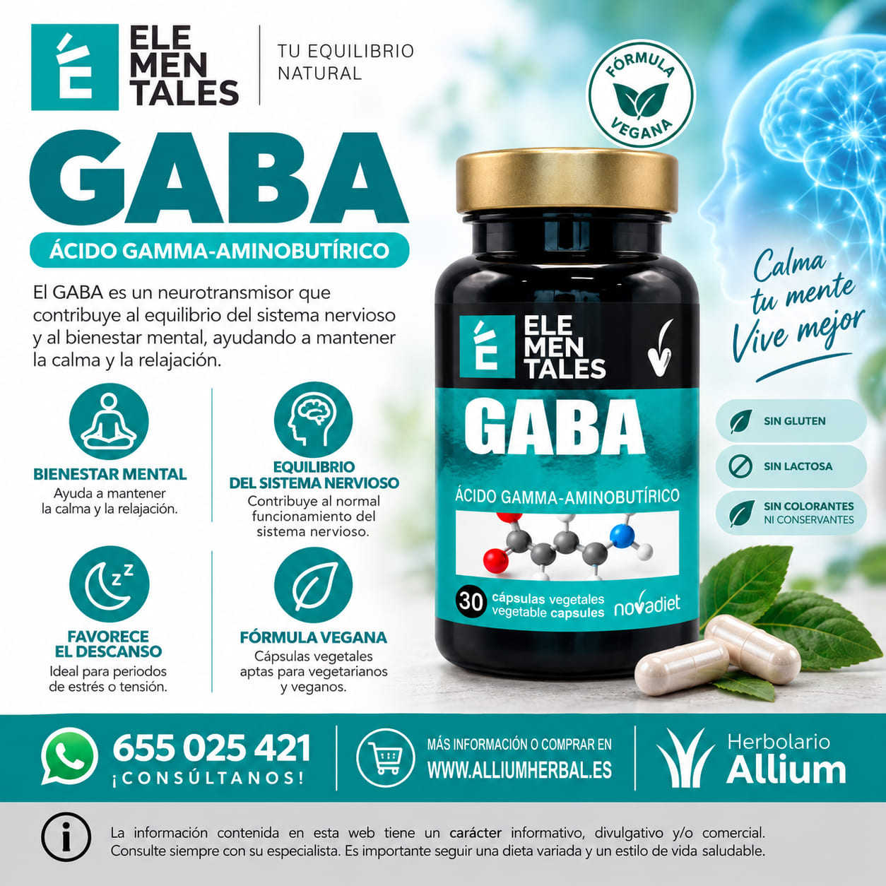 GABA Elementales Novadiet 449 mg – 30 cápsulas vegetales Equilibrio para tu rutina