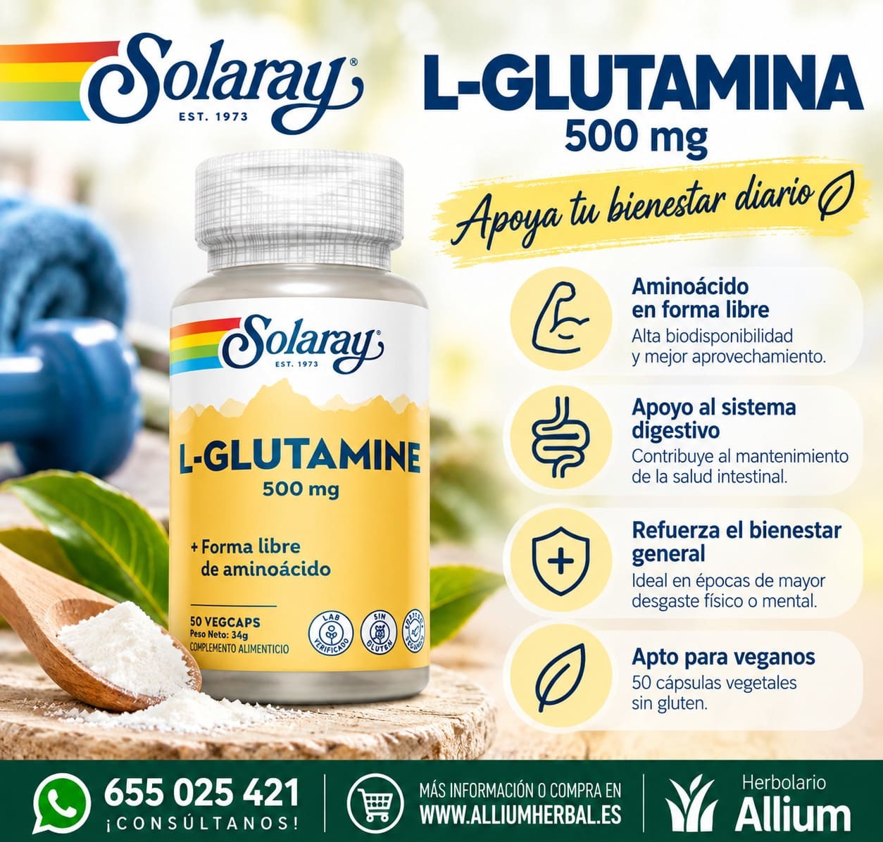 L-Glutamina 500 mg – 50 cápsulas vegetales de Solaray Aporte diario de glutamina L-Glutamina 500 mg – 50 cápsulas vegetales de Solaray Aporte diario de glutamina