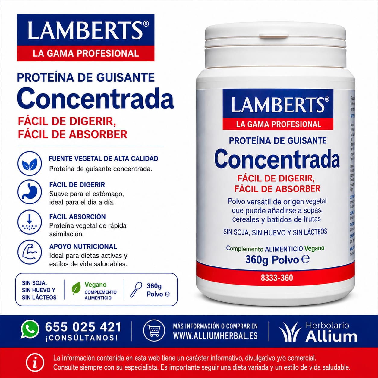 Lamberts Proteína de Guisante Amarillo (Pea Protein Isolate) 360 gramos – Polvo Proteína vegetal para tu día