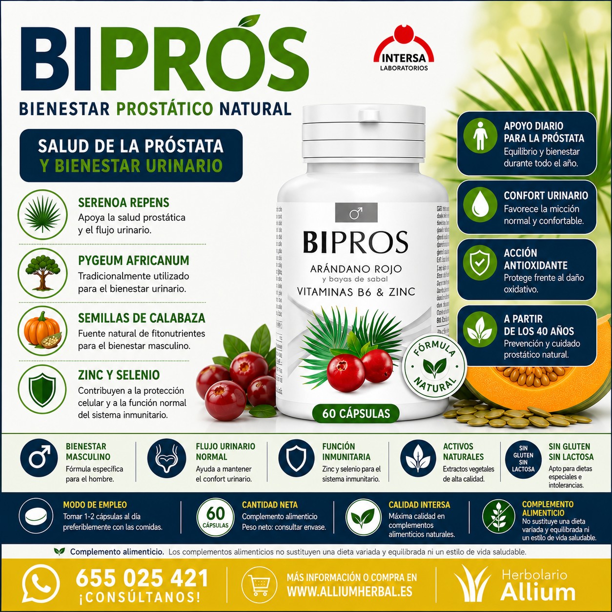 Bipros 80 cápsulas de Dietéticos Intersa Bienestar prostático y urinario masculino Bipros 80 cápsulas de Dietéticos Intersa Bienestar prostático y urinario masculino