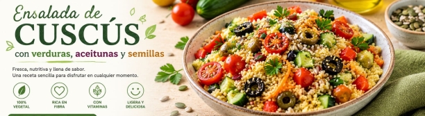 Ensalada de cusc&uacute;s con verduras, aceitunas y semillas